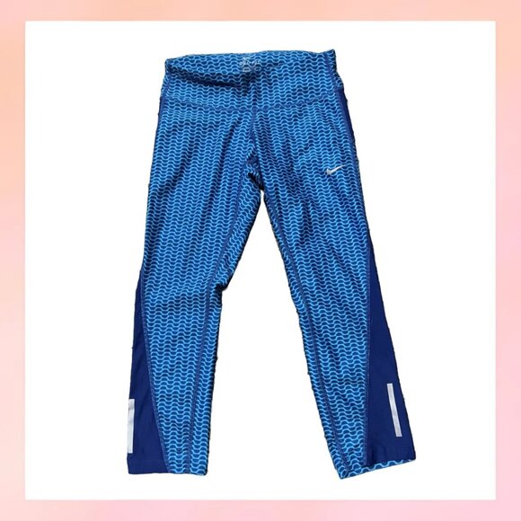 Nike Dri-FIT Blue Wave Pattern Cropped Running Leggings | Size M - Picture 1 of 6